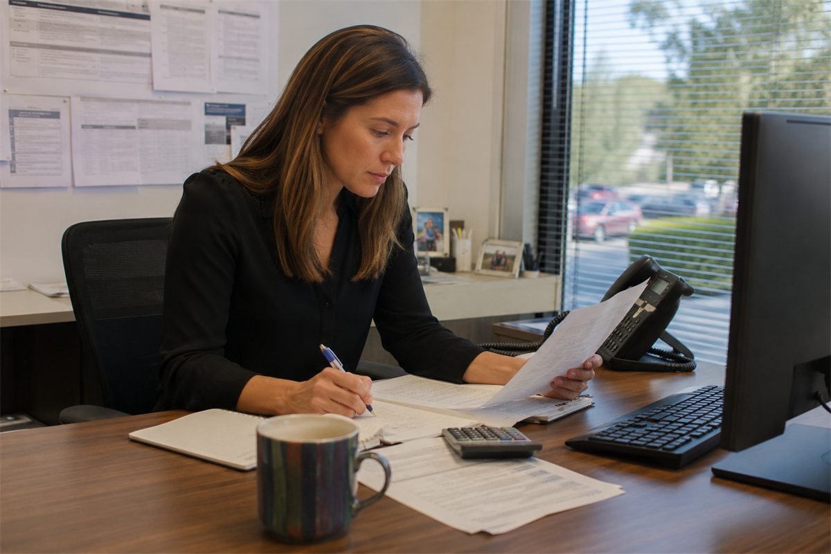 Broker annotating an association's insurance documents at a desk while preparing the written record