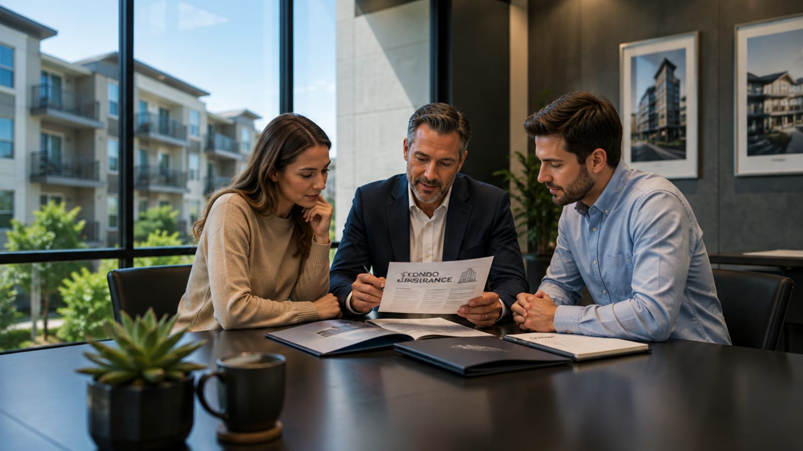 Insurance producer reviewing a condominium master policy with two association board members