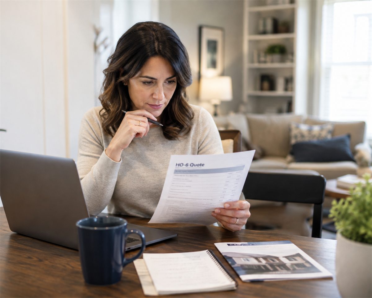 A condominium unit owner reviewing an HO-6 quote at her dining table inside her own unit