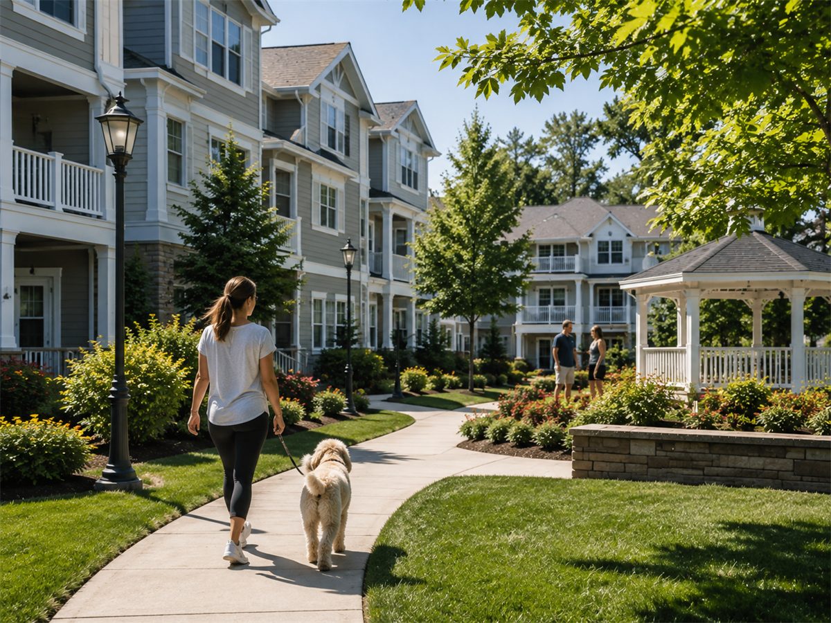 Residents walking through a managed condominium community past shared buildings, landscaped common areas and a gazebo