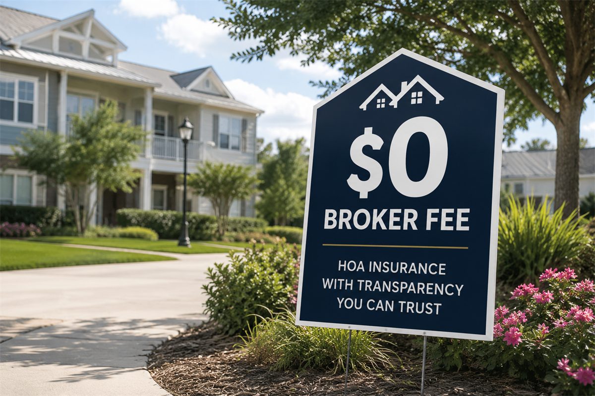 Yard sign outside a condominium community reading zero dollar broker fee, HOA insurance with transparency you can trust