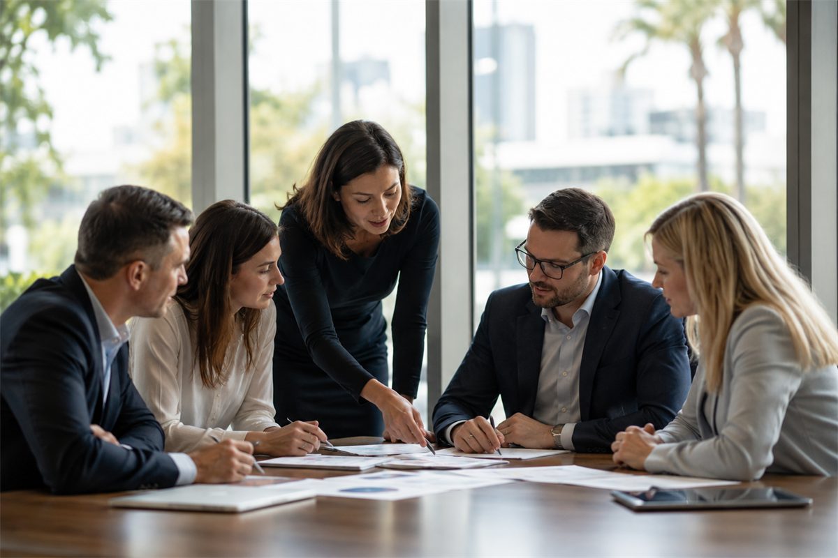 Insurance brokers and an association board reviewing master policy documents across a boardroom table